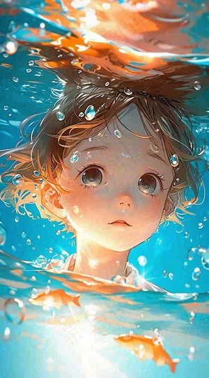 夏天泳池游泳少年儿童手绘插画，夏至小暑