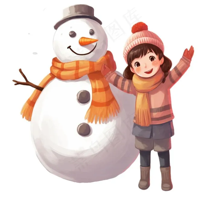 孩童堆雪人可爱卡通插画免抠(1040x1024)
