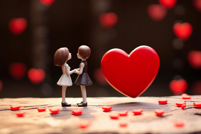 卡通树脂情侣摆件和红色的爱心在桌子上摄影图