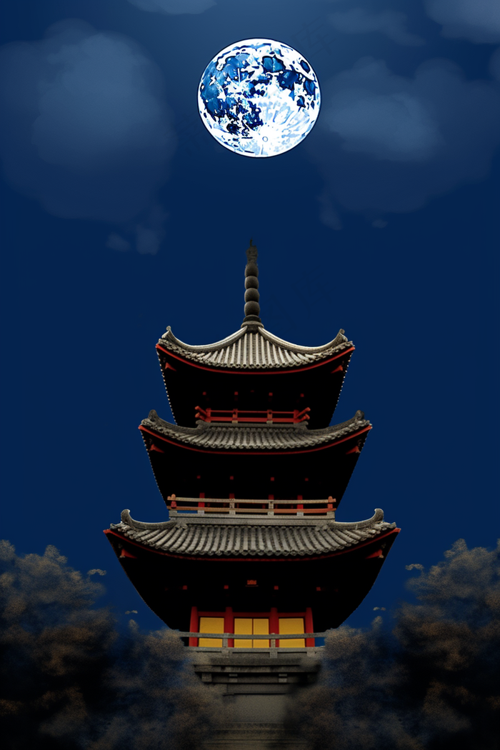 中秋夜晚圆月满月下的古建筑阁楼摄影图(2688x4032)