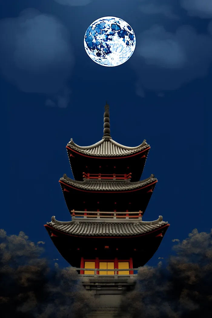 中秋夜晚圆月满月下的古建筑阁楼摄影图