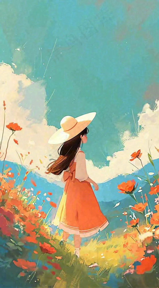 油画女孩春天踏青郊游山脉鲜花草地，春分，插画手绘(816x1472)