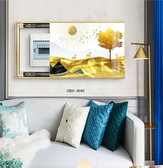 大气时尚家居室内装饰场景客厅沙发卧室床铺电表箱壁画背景图轻奢