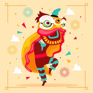 新年虎年舞狮插画 