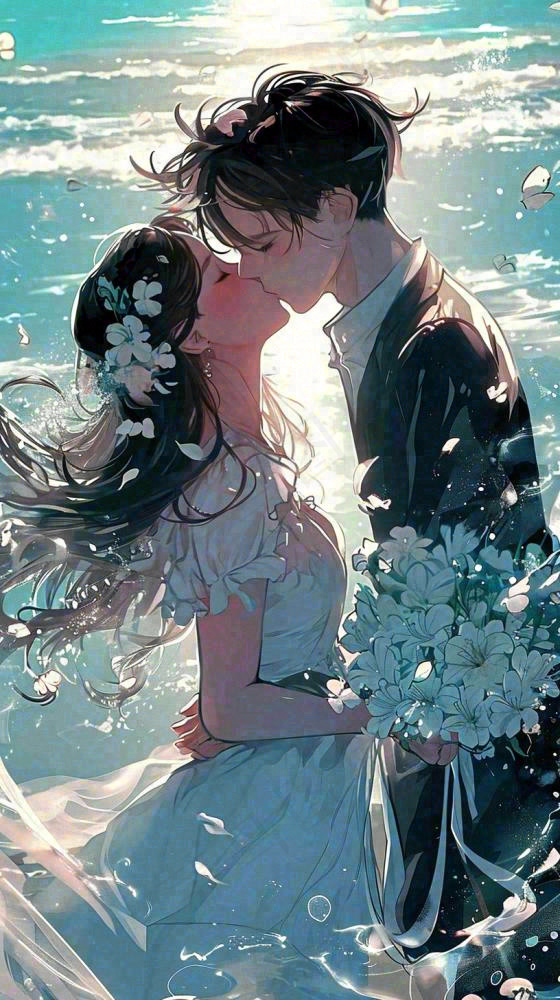 海边阳光沙滩情侣婚纱照爱情甜蜜情人节手绘插画(816x1456)