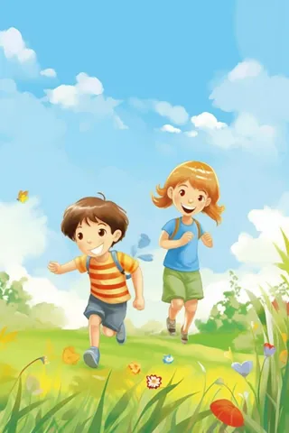 清新儿童草地玩耍背景