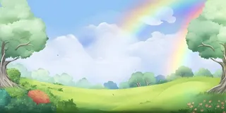 春天蓝天白云彩虹树林草坪手绘插画风景海报素材背景