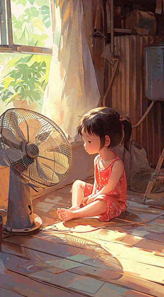 夏天夏季居家儿童吹清凉风扇，夏至小暑大暑手绘插画(816x1472)