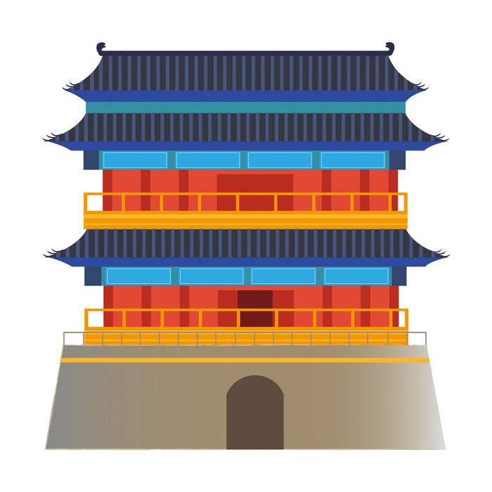 复古中国风国潮古建筑插画手绘高楼古塔PSD素材亭子png免抠图