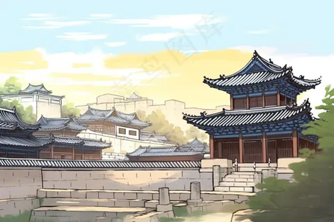 中国古代建筑园林阁楼中国风插画