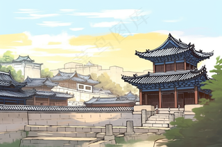 中国古代建筑园林阁楼中国风插画