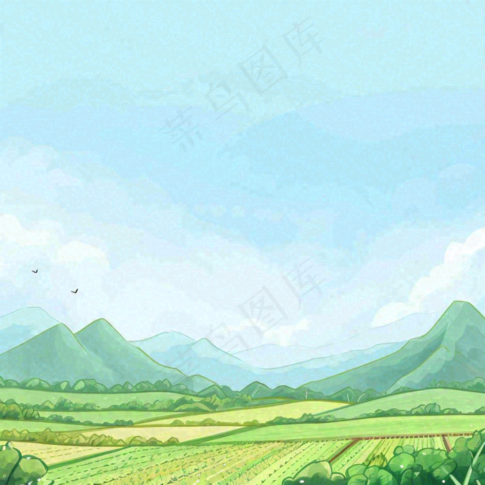 春天清新山脉田间草地绿植手绘插画(1024x1024)