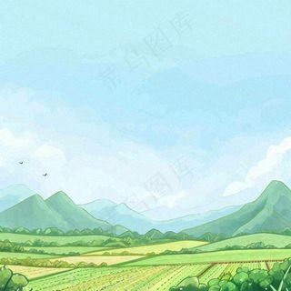 春天清新山脉田间草地绿植手绘插画