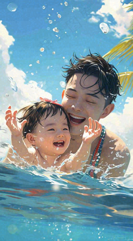 夏天火辣阳光少年游泳清爽插画，夏至夏季小暑大暑暑假(816x1472)