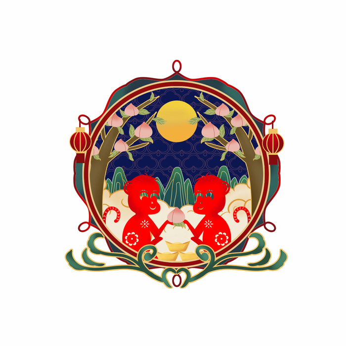 中国风国潮十二生肖猴绘烫金插画春节剪纸元素PSD设计素材psd模版下载