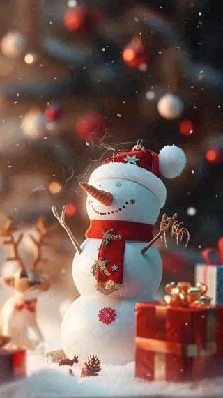 冬天圣诞节下雪圣诞树雪人礼物，冬季暖光