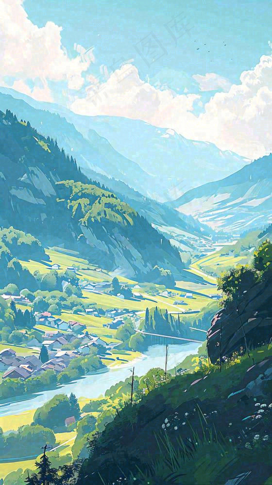 蓝天白云连绵山脉小溪河流小屋，阳光晴天