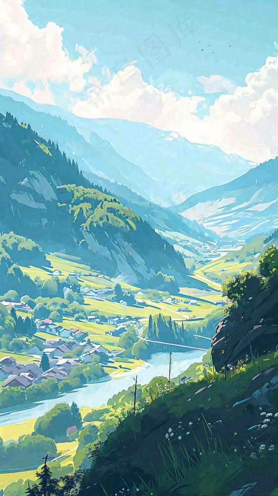 蓝天白云连绵山脉小溪河流小屋，阳光晴天(816x1456)