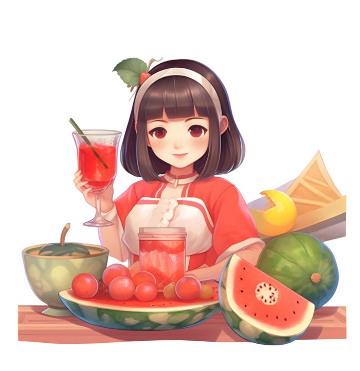 夏日西瓜冰饮水果女孩人物免抠(1842x1900)