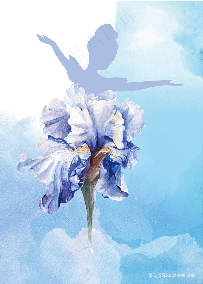 唯美蓝色花卉舞蹈美女插画