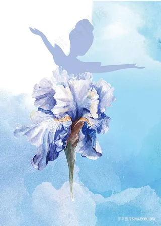 唯美蓝色花卉舞蹈美女插画