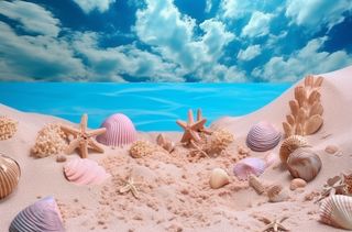 蓝色热带海滩岛屿上的沙子、贝壳、星星、大海和天空的舞台背景