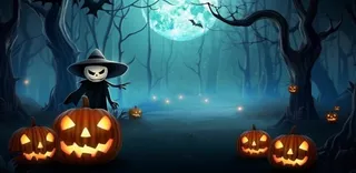 万圣节夜晚坟墓恐怖月色树林插画蓝黑色背景