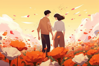 秋日花丛情侣人物插画夕阳背景