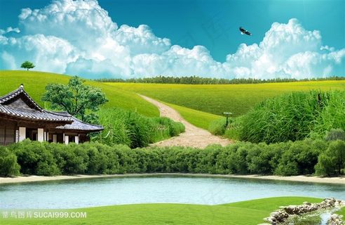 乡间湖畔草地美景韩式自然背景