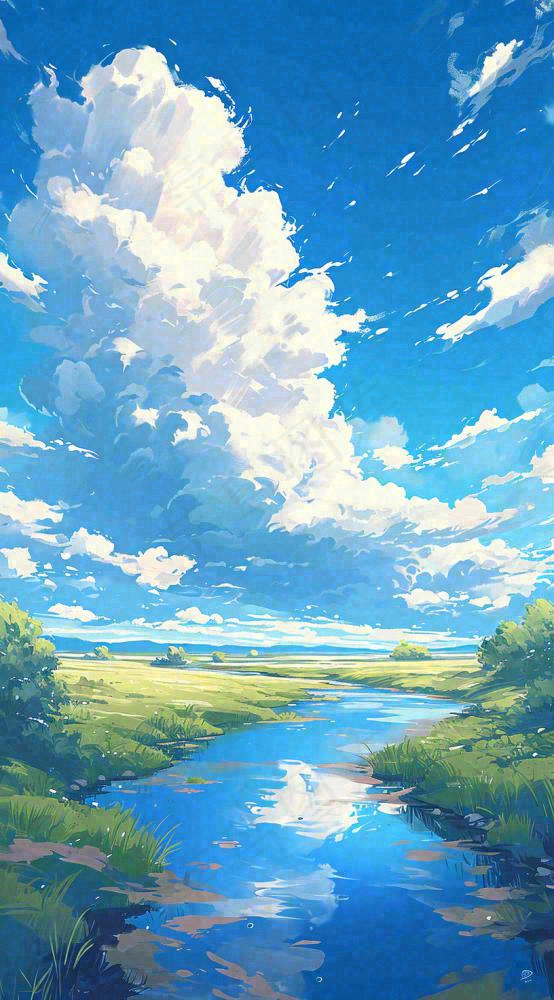 春天河边青草池塘蓝天白云，立春(816x1472)