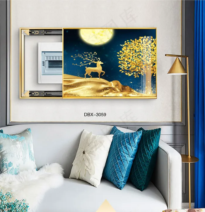 大气时尚家居室内装饰场景客厅沙发卧室床铺电表箱壁画背景图背景效果图现代