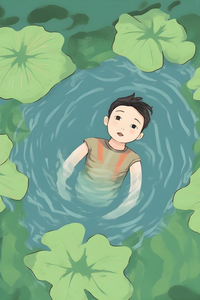 夏日玩水湖面植物荷叶睡莲插画背景(2400x3600)