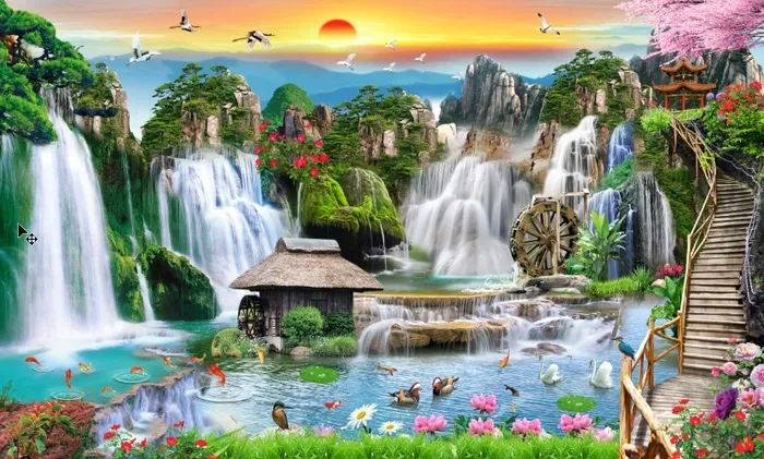 流水生财木桥花卉山水背景psd模版下载