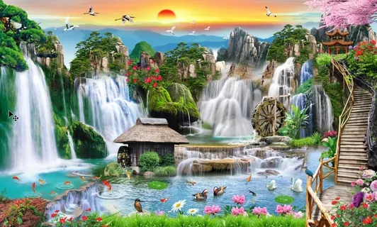 流水生财木桥花卉山水背景