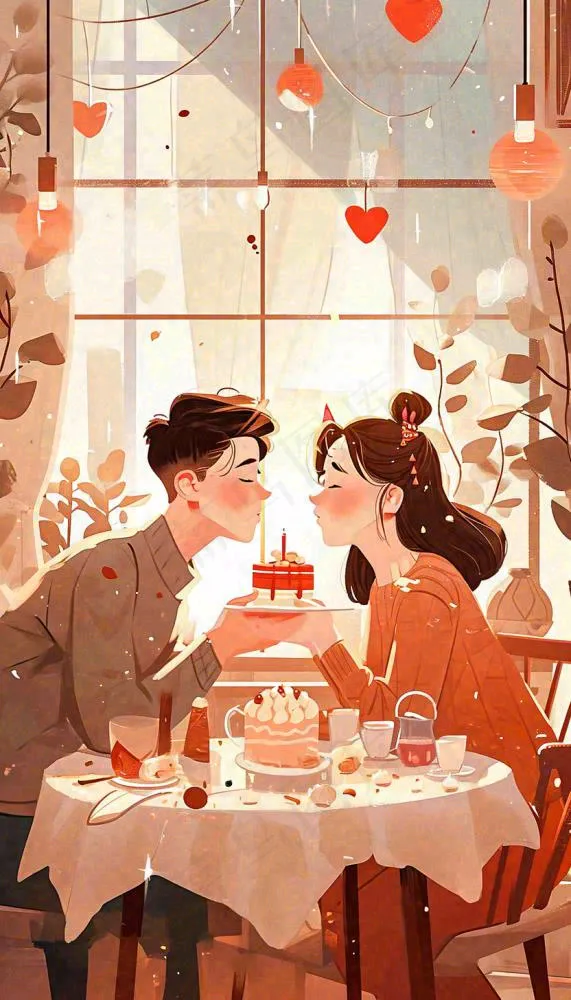 情人节情侣浪漫圣诞节日温馨生日会，插画手绘，居家餐厅美食(832x1456)