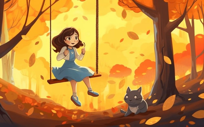 秋天女孩在树上荡秋千黄色落叶插画背景
