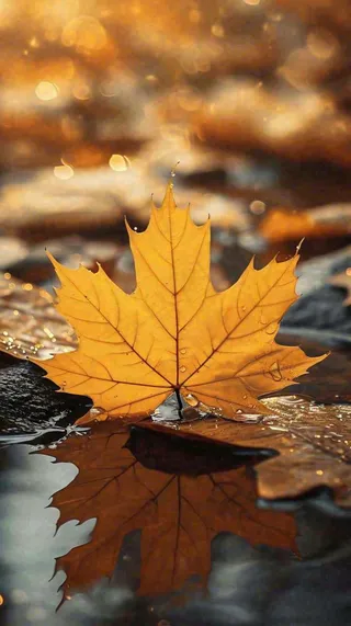 秋天黄色秋叶落叶雨天特写故事感，秋分立秋摄影图