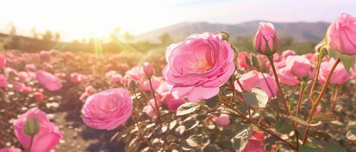 阳光背景下田野中的粉红玫瑰风格复杂插花(6720x2880)