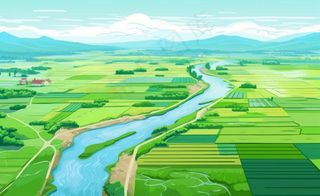 乡村村庄美丽风景河流插画农田插画背景
