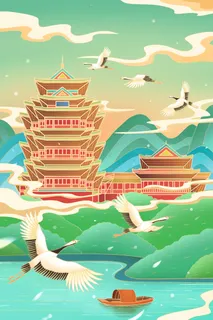 中国风国潮烫金仙鹤山水古建筑风景装饰插画背景PSD分层设计素材 中国风国潮烫金仙鹤山水古建筑风景装饰插画背景PSD分层设计素材
