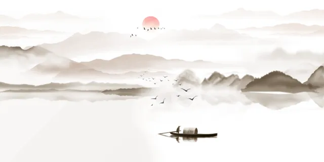 古风意境山水冬季渔夫水墨售楼部展馆展厅文化墙