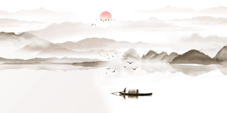 古风意境山水冬季渔夫水墨售楼部展馆展厅文化墙