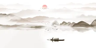 古风意境山水冬季渔夫水墨售楼部展馆展厅文化墙