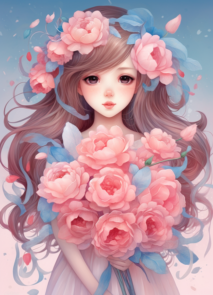 美丽少女抱着大捧粉色鲜花卡通插画(x)