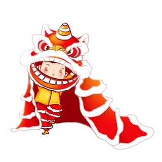 新年春节虎年元宵手绘人物舞狮卡通狮子头插画元素PSD设计素材