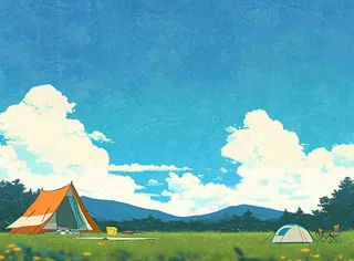 春天夏日清新草坪房车旅行露营玩耍手绘插画