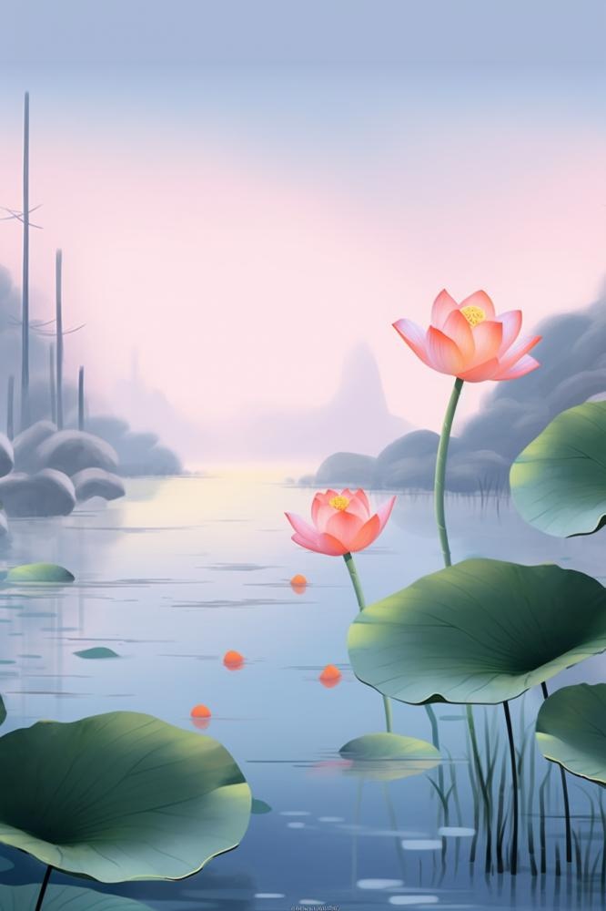 紫色简约国风莲花傍晚背景(896x1344)