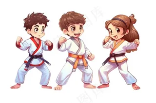 跆拳道男孩女孩对战插画免抠