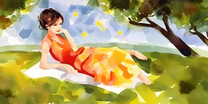 夏日人物水果树荫乘凉插画素材背景(6144x3072)