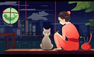 夜晚窗边赏月人物插画背景